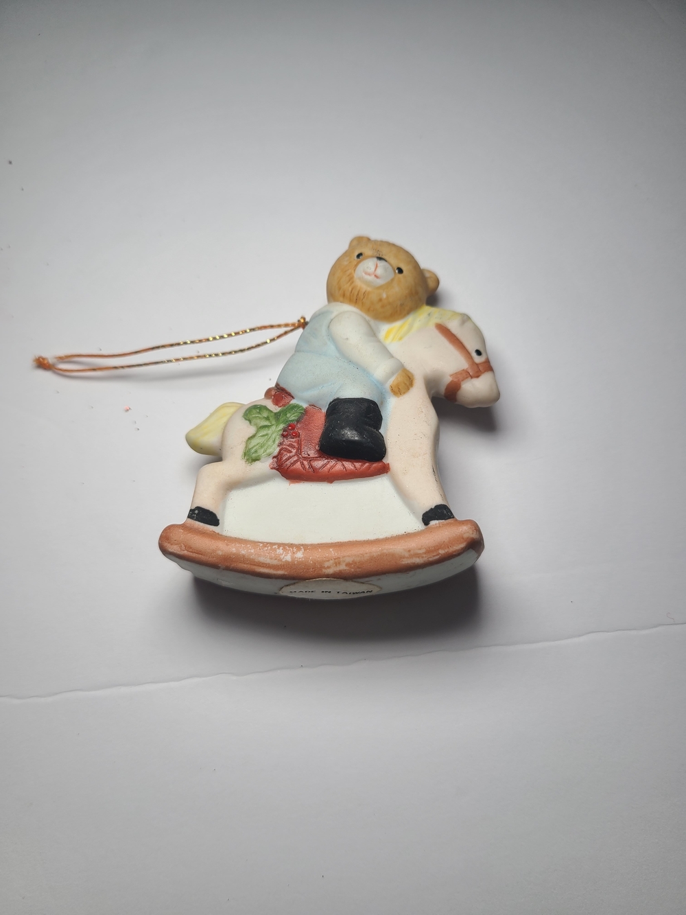 Vintage 1985 Porcelain Bisque Teddy Bear On Rocking Horse Christmas Ornament